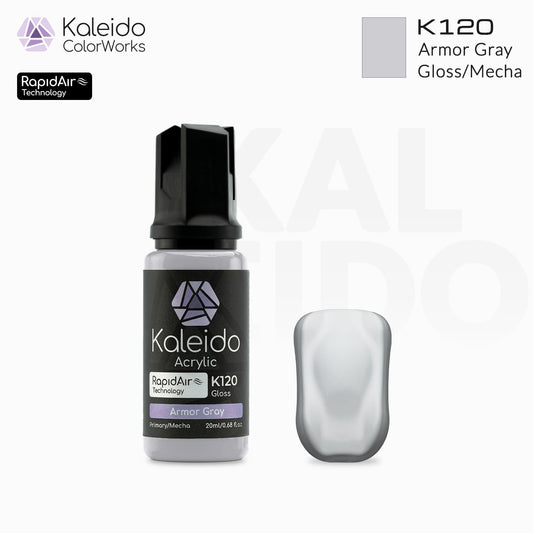 “Kaleido Colorworks K120 Armor Gray 20 ml bottle – water-based acrylic airbrush paint for scale models”