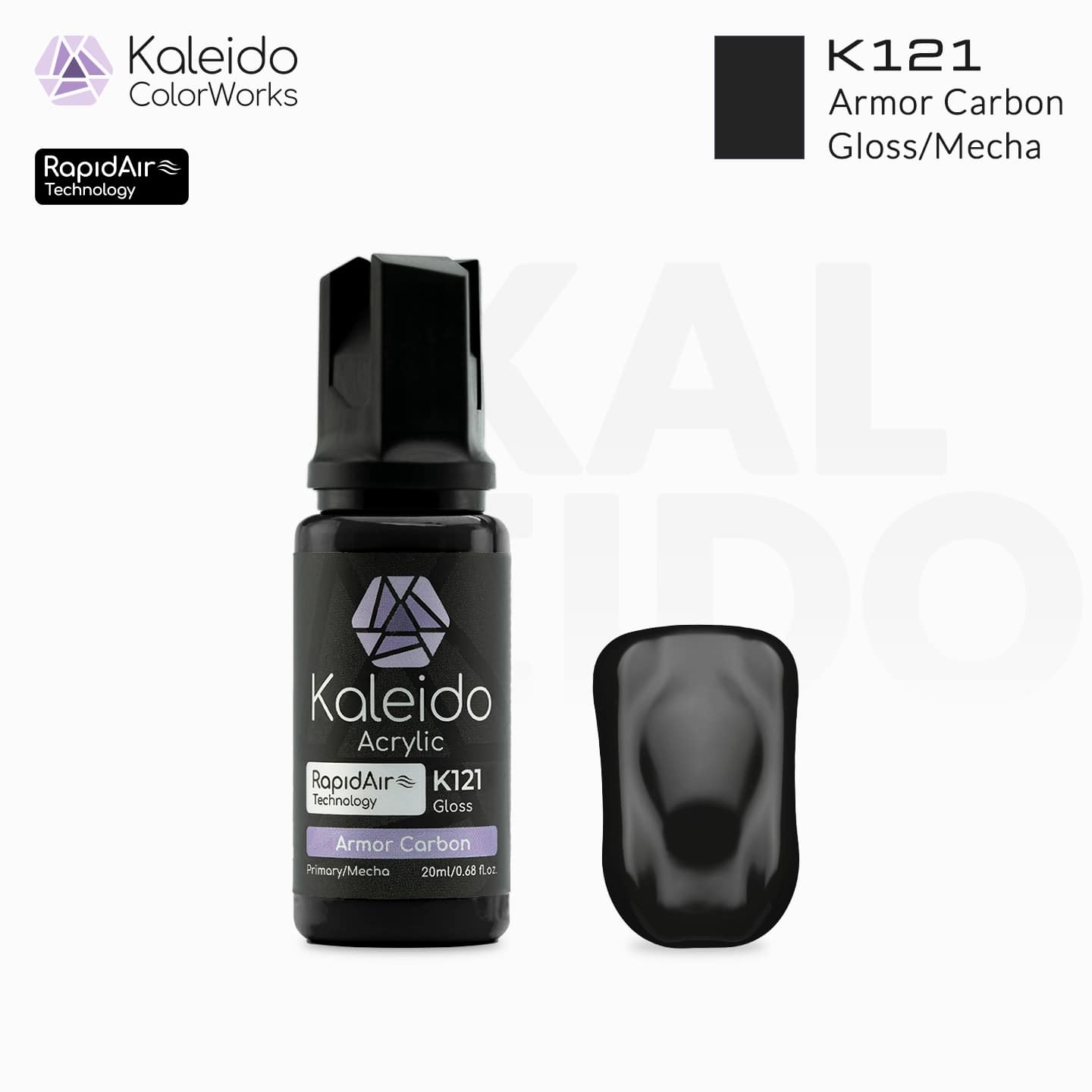 “Kaleido Colorworks K121 Armor Carbon 20 ml bottle – water-based acrylic airbrush paint in dark carbon tone for scale models”