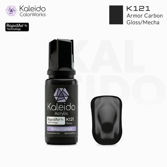 “Kaleido Colorworks K121 Armor Carbon 20 ml bottle – water-based acrylic airbrush paint in dark carbon tone for scale models”