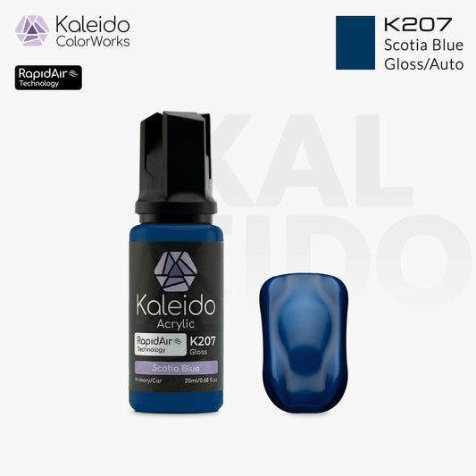 Bottle of Kaleido Colorworks RapidAir™ K207 Scotia Blue, 20 ml water-based airbrush paint in deep metallic blue.