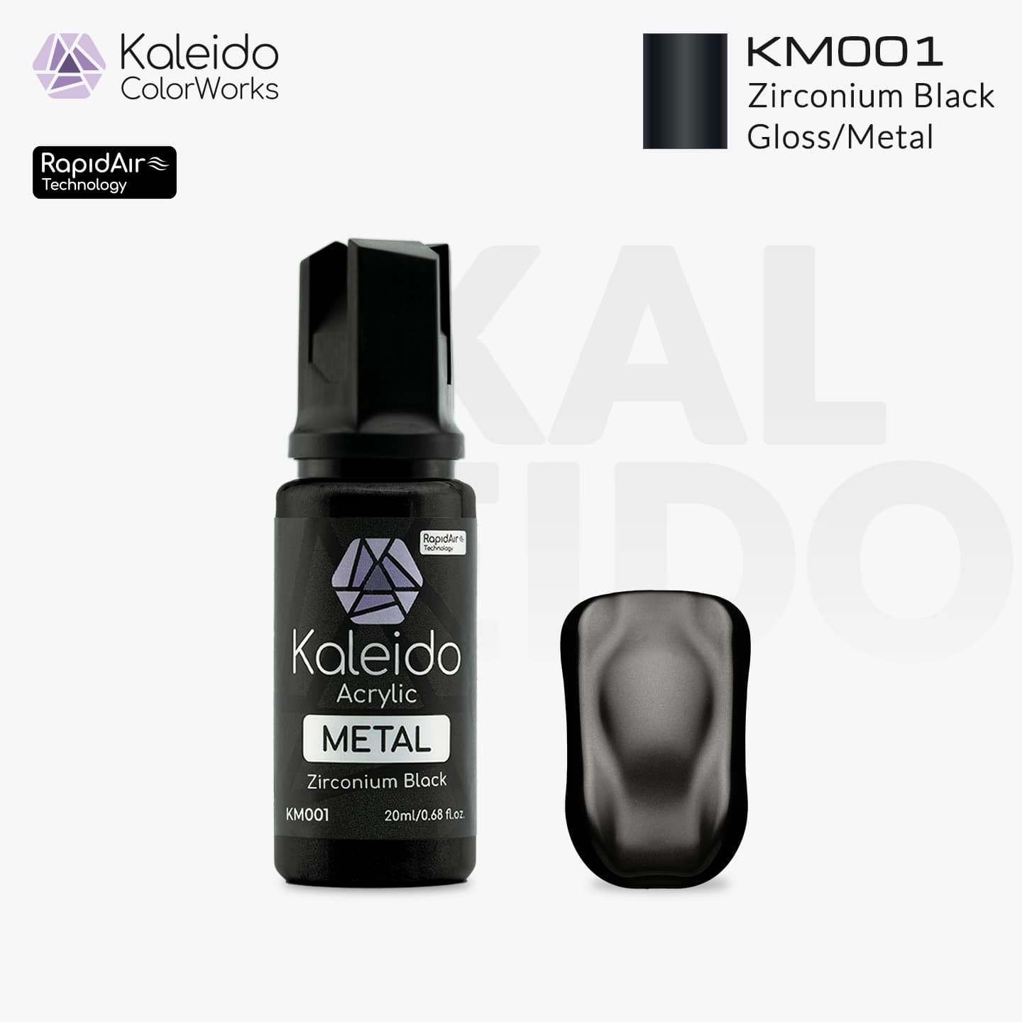 “Kaleido Colorworks KM001 Zirconium Black 20 ml bottle – water-based metallic acrylic airbrush paint for scale models”