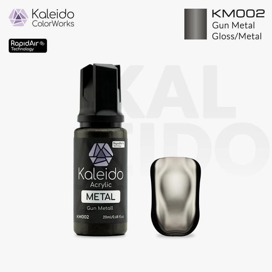 “Kaleido Colorworks KM002 Gun Metal 20 ml bottle – water-based metallic acrylic airbrush paint for scale models”
