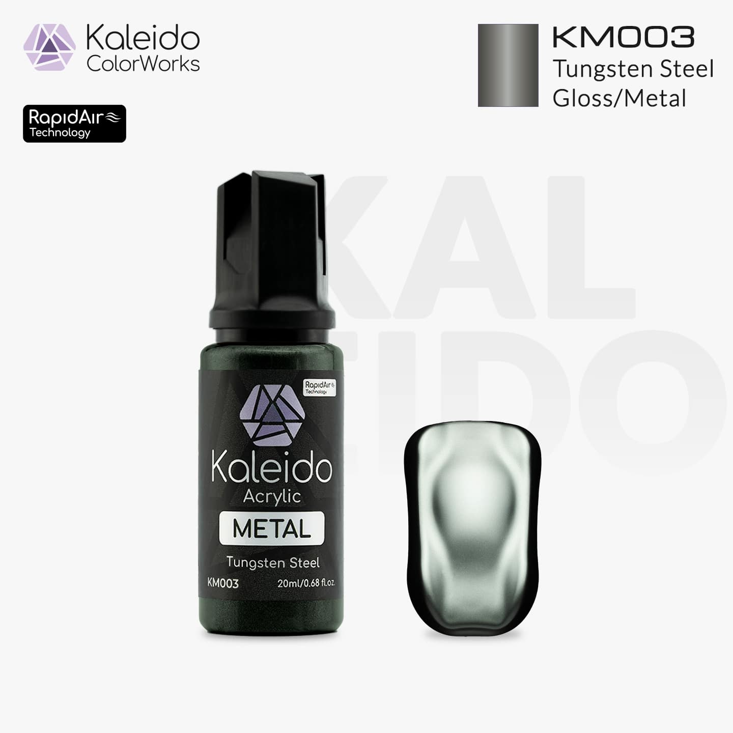 “Kaleido Colorworks KM003 Tungsten Steel 20 ml bottle – water-based metallic acrylic airbrush paint for scale models”