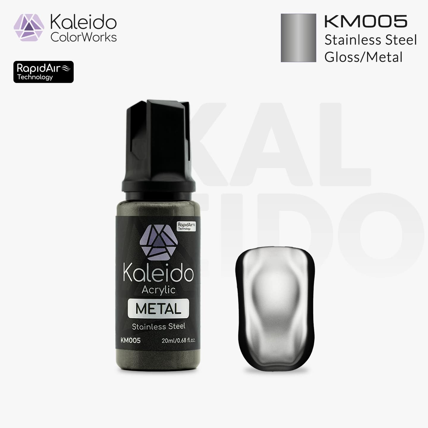 “Kaleido Colorworks KM005 Stainless Steel 20 ml bottle – water-based metallic acrylic airbrush paint for scale models”