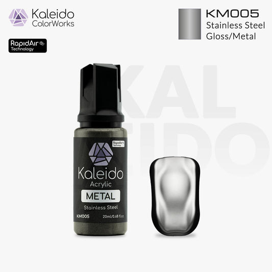 “Kaleido Colorworks KM005 Stainless Steel 20 ml bottle – water-based metallic acrylic airbrush paint for scale models”
