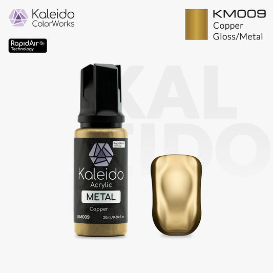 “Kaleido Colorworks KM009 Copper 20 ml bottle – water-based metallic acrylic airbrush paint for scale models”