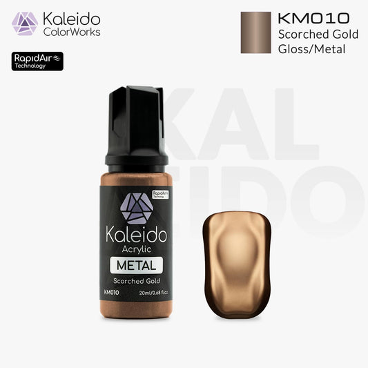 “Kaleido Colorworks KM010 Scorched Gold 20 ml bottle – water-based metallic acrylic airbrush paint for scale models”