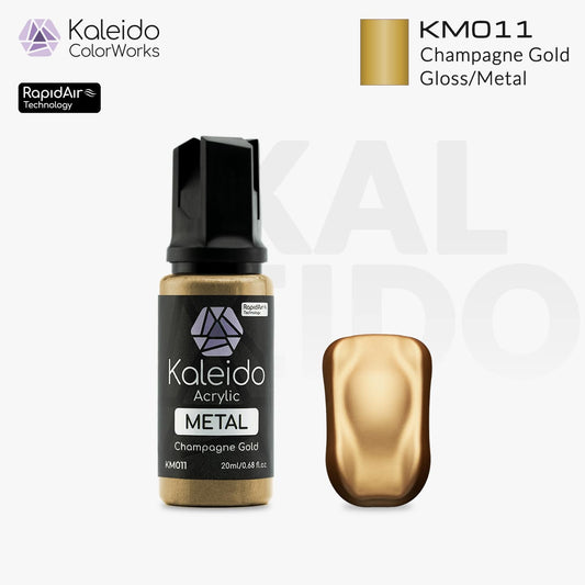 “Kaleido Colorworks KM011 Champagne Gold 20 ml bottle – water-based metallic acrylic airbrush paint for scale models”