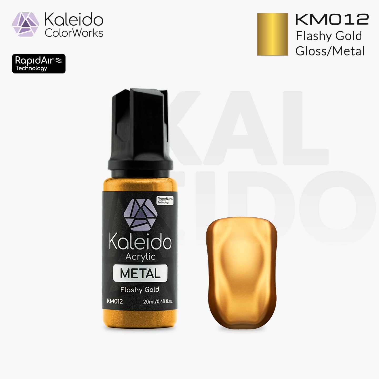 “Kaleido Colorworks KM012 Flashy Gold 20 ml bottle – water-based metallic acrylic airbrush paint”