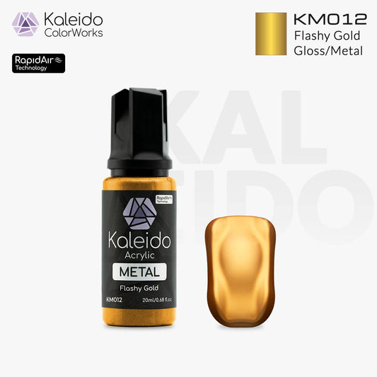 “Kaleido Colorworks KM012 Flashy Gold 20 ml bottle – water-based metallic acrylic airbrush paint”