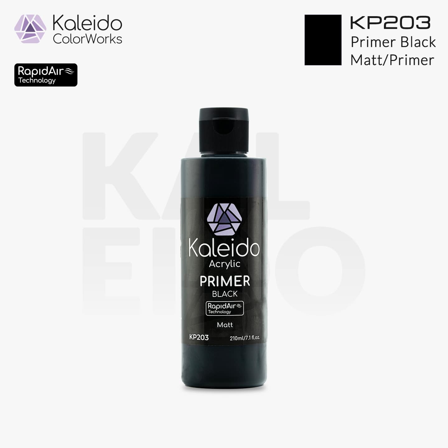 “Kaleido Colorworks KP203 Primer Black 210ml bottle – water-based model primer”