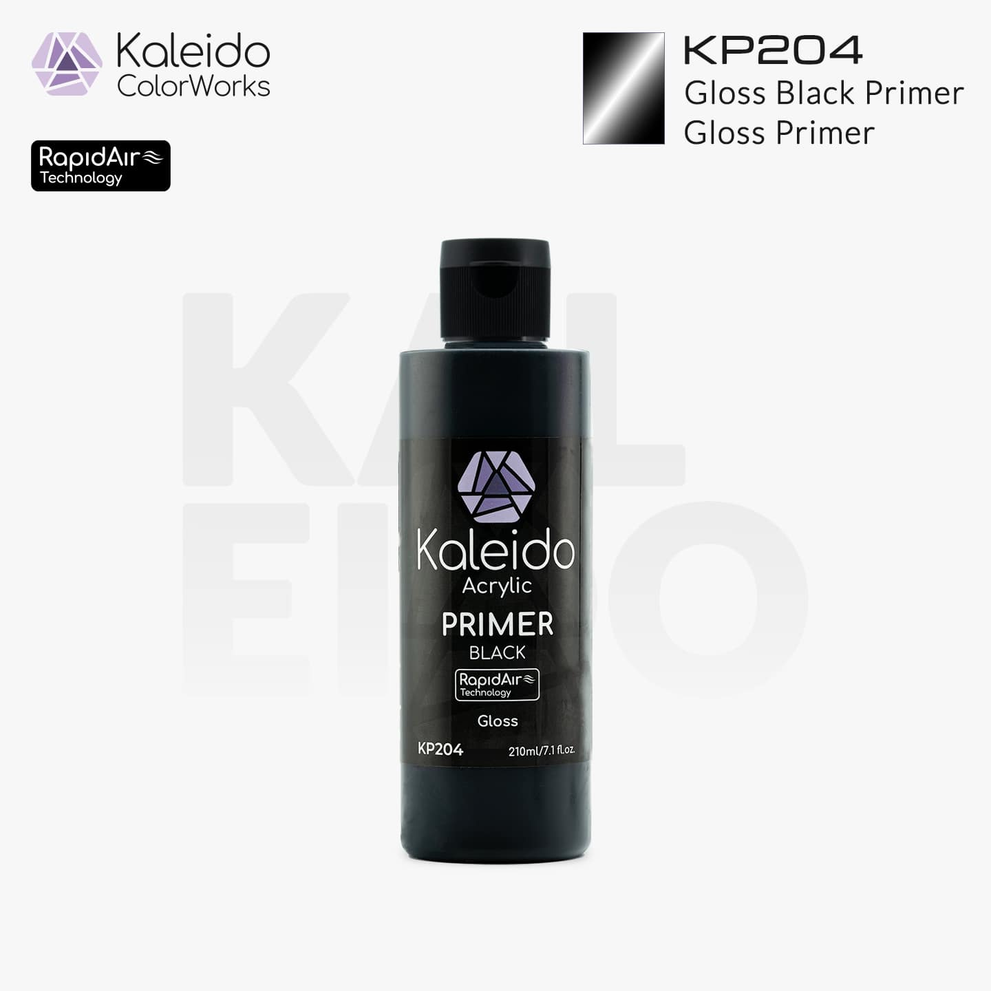 “Kaleido Colorworks KP204 Gloss Black Primer 210ml bottle – water-based high-gloss model primer”
