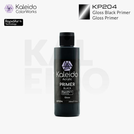 “Kaleido Colorworks KP204 Gloss Black Primer 210ml bottle – water-based high-gloss model primer”
