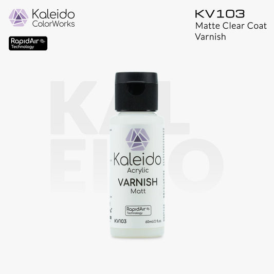 “Kaleido Colorworks KV103 Varnish Matt 60ml bottle – water-based matte clear coat for scale models”