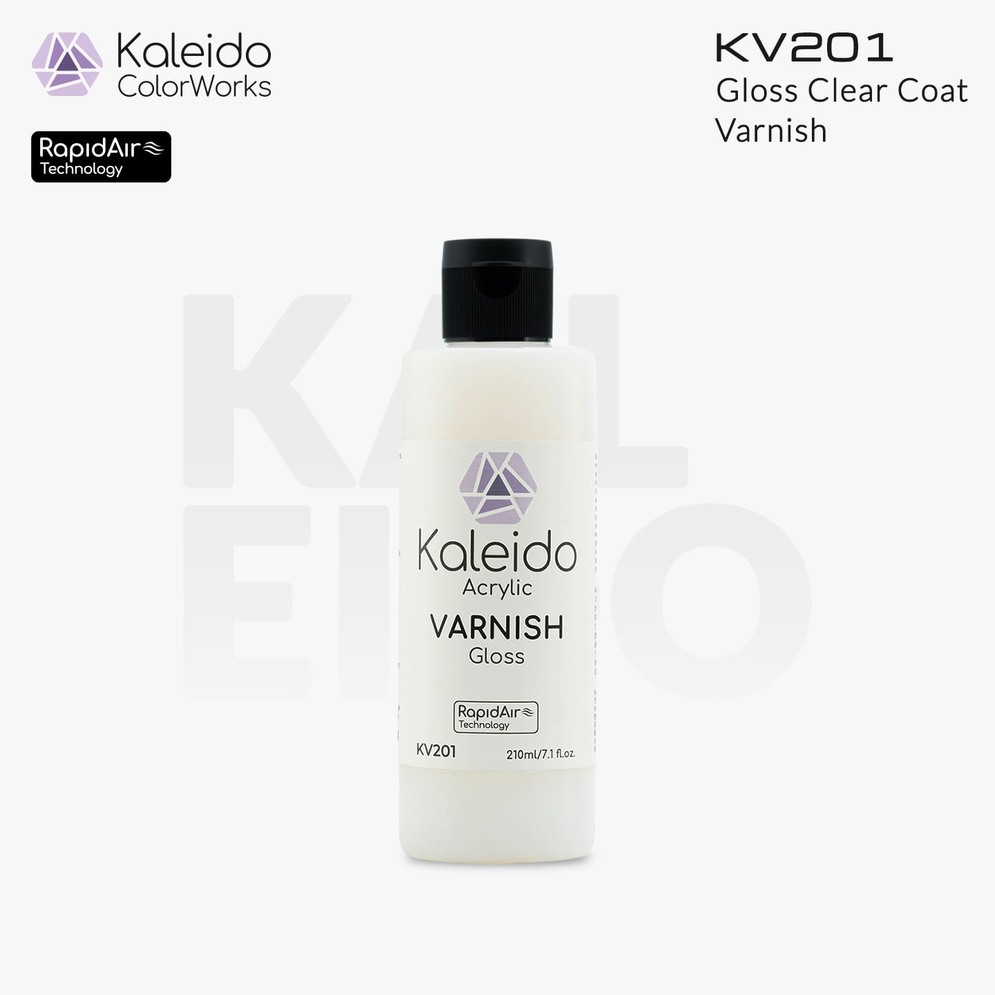 “Kaleido Colorworks KV201 Varnish Gloss 210 ml bottle – water-based high-gloss clear coat for scale models”