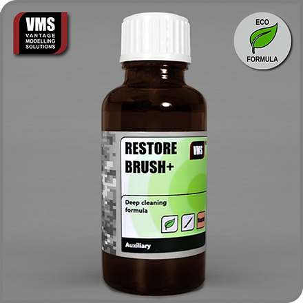 
VMS Restore Brush+ 30 ml bottle – high-potency brush cleaning and restoration fluid for scale modelling.
