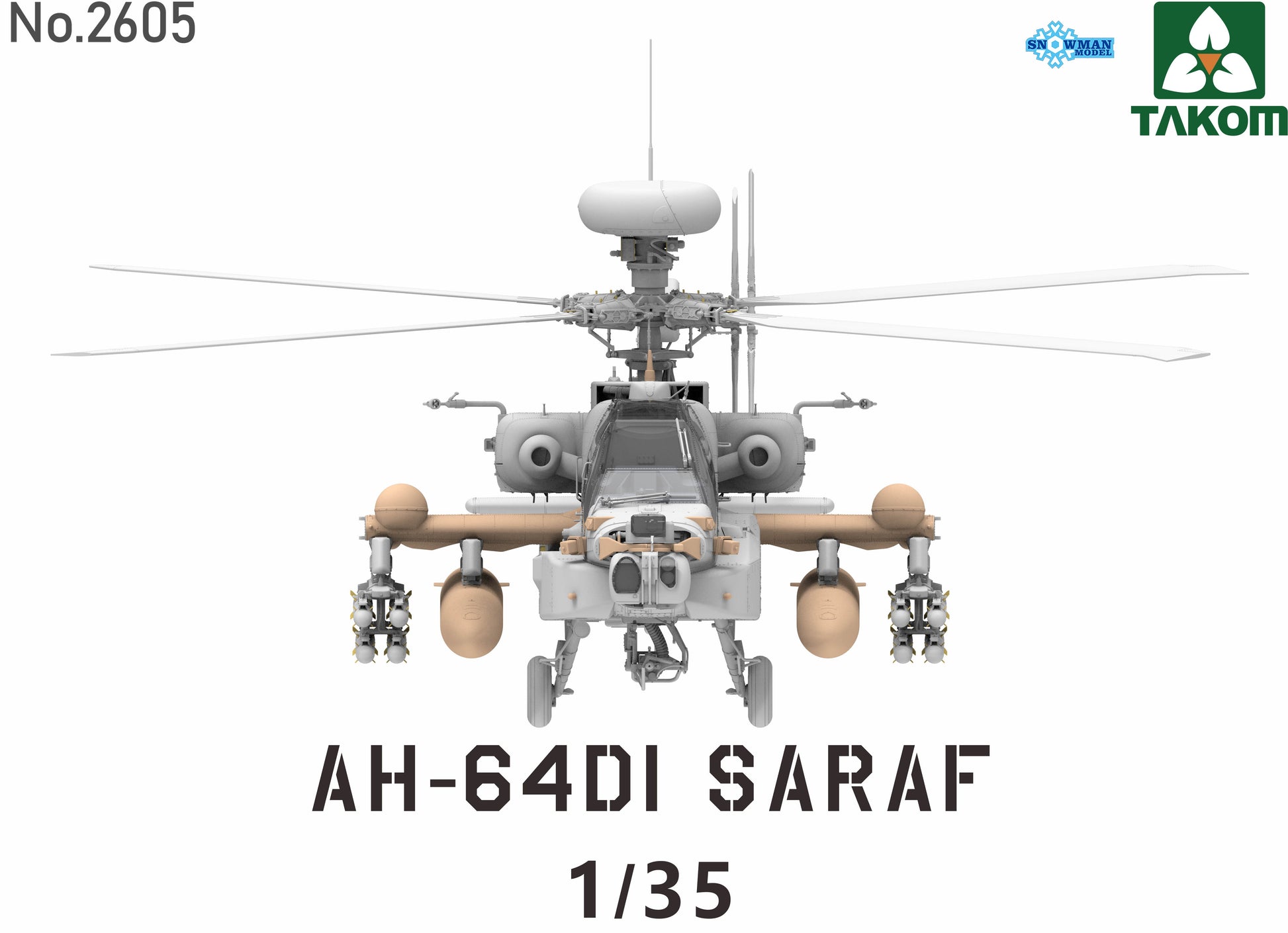 Takom 1/35 AH-64DI Saraf Front View, Showing AGM-64 Hellfire Missiles And Fuel Tanks
